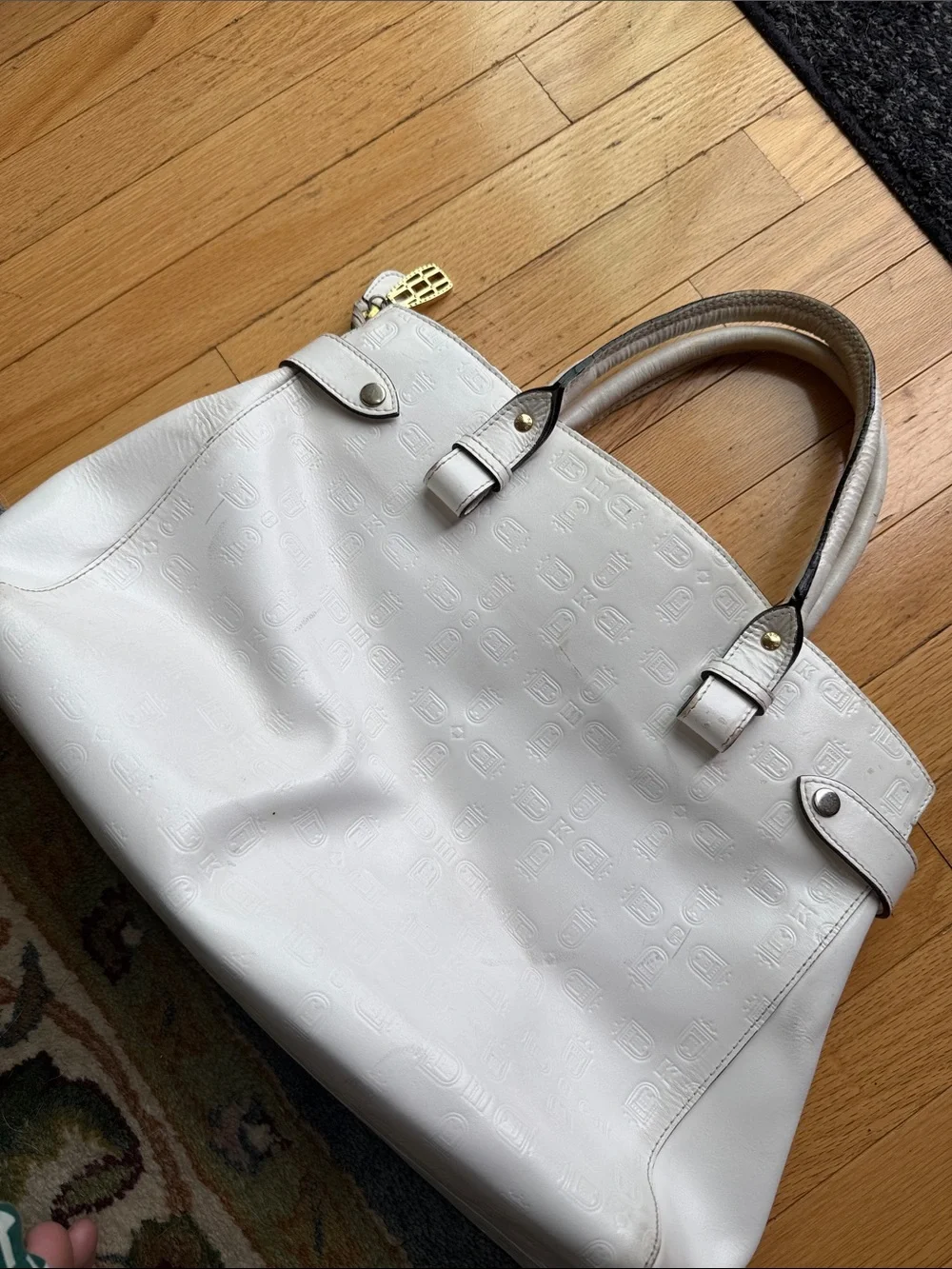 Kem White Embossed Tote Bag with Gold Hardware